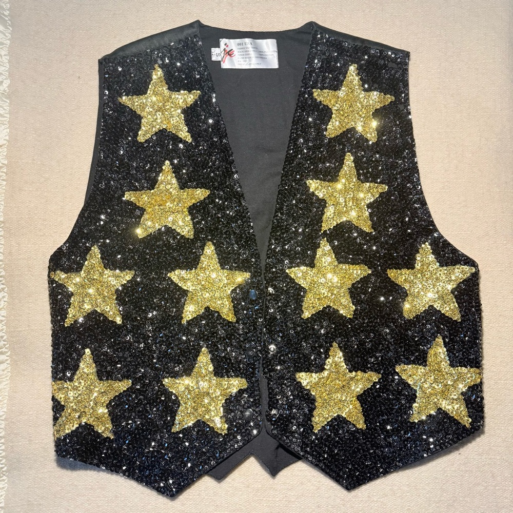 Vintage Black and Gold Sequin Star Vest Patriotic Memorial Day Country S